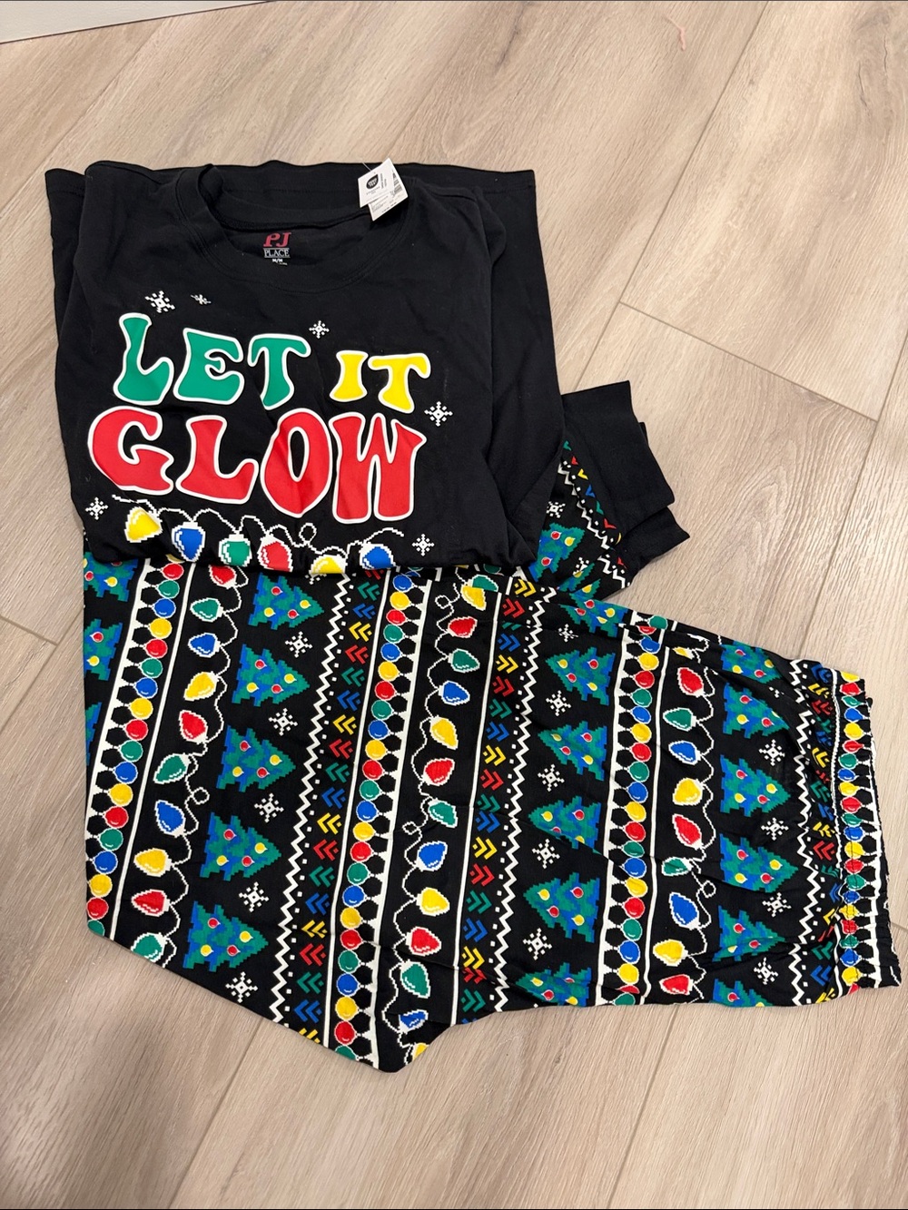 PJ Place Black "Let It Glow" Holiday Pajama Set with Multicolor Lights & Trees